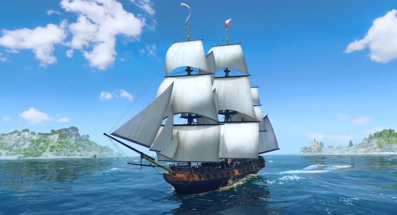Frigate under full sail in bright weather