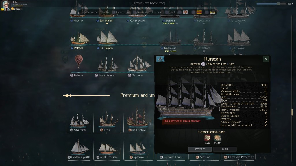 Shipyard UI: fleet grid, stats, and construction options in World of Sea Battle